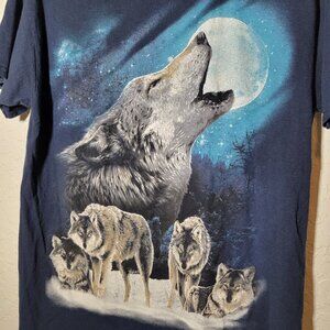 Vintage Nature Shirt M Navy Blue 2000s Animals Moon Wolf Wolves Gildan Y2k